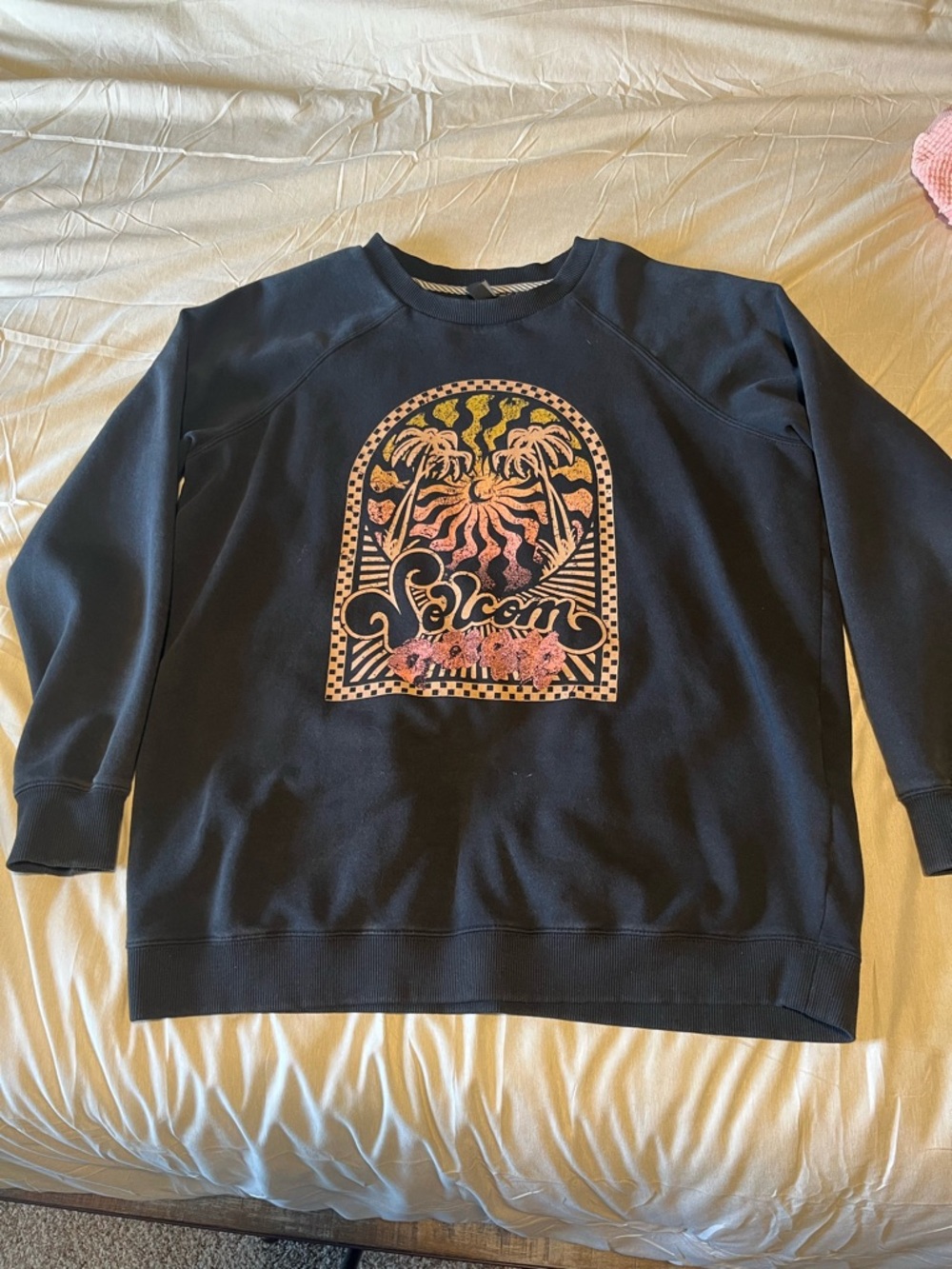 Volcom Black Crewneck Sweatshirt with Colorful Tropical Graphic